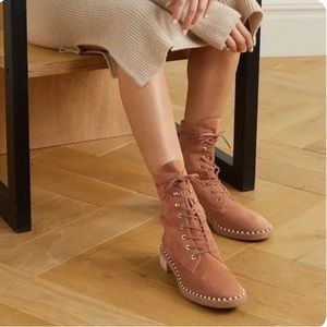 Stuart Weitzman Sondra suede combat lace up fall boots tan pearls